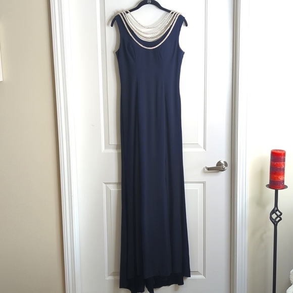 Precious Formals Lux Gal Navy Evening Gown Tiered Rhinestone Cord Neckline S - Picture 10 of 17